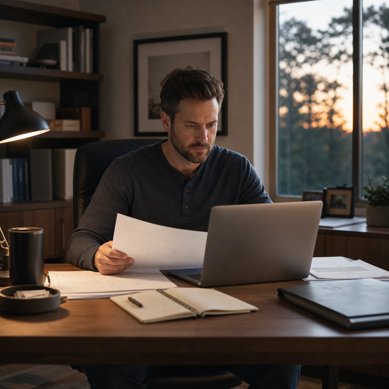 A man in a dark long-sleeved henley sits at a wooden desk holding a printed document, with an open laptop, notebook, papers and a desk lamp in front of him and a window showing dusk sky and trees behind.