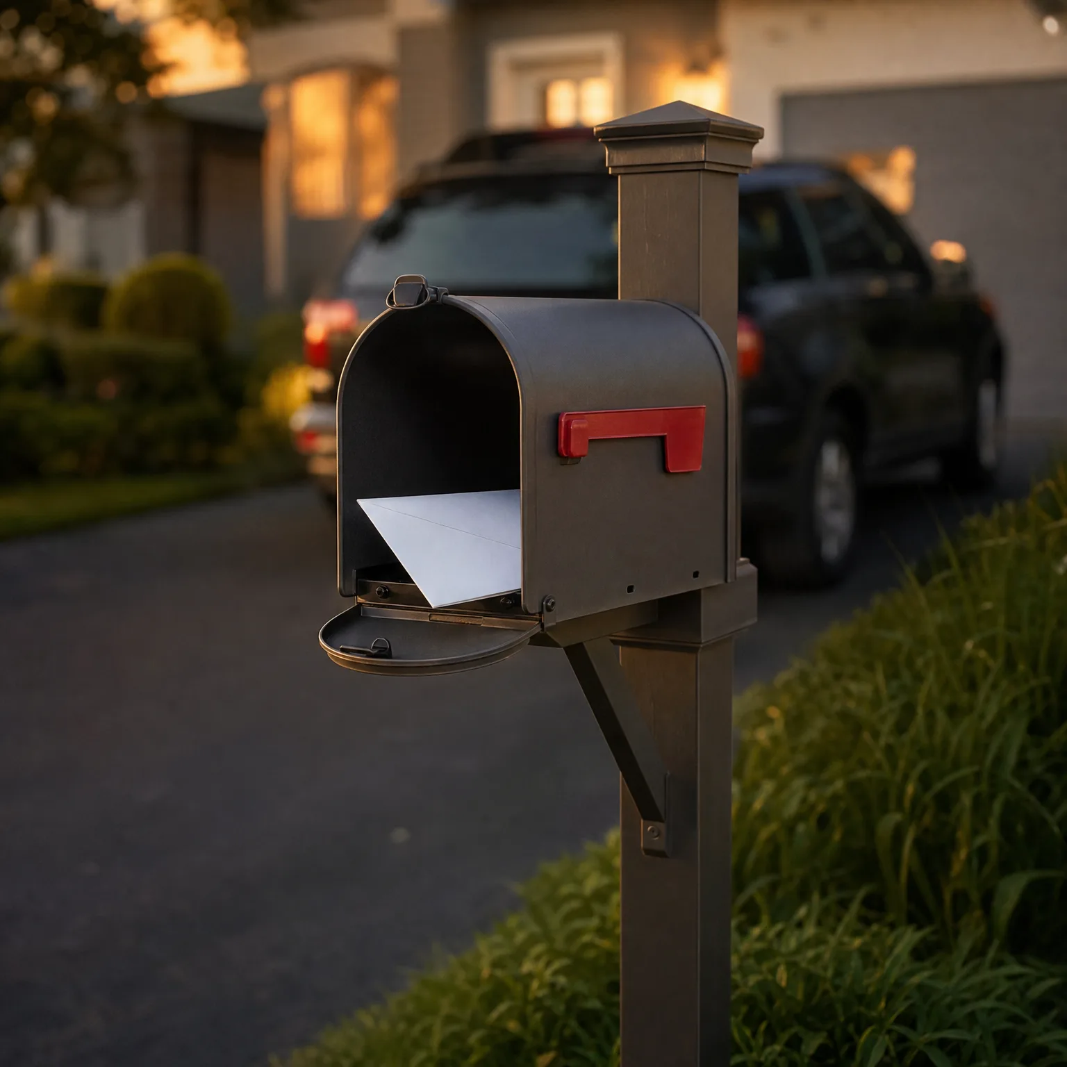 An open dark metal mailbox on a post with a white envelope inside and the red flag raised, with a blurred SUV, driveway and house in the background.
