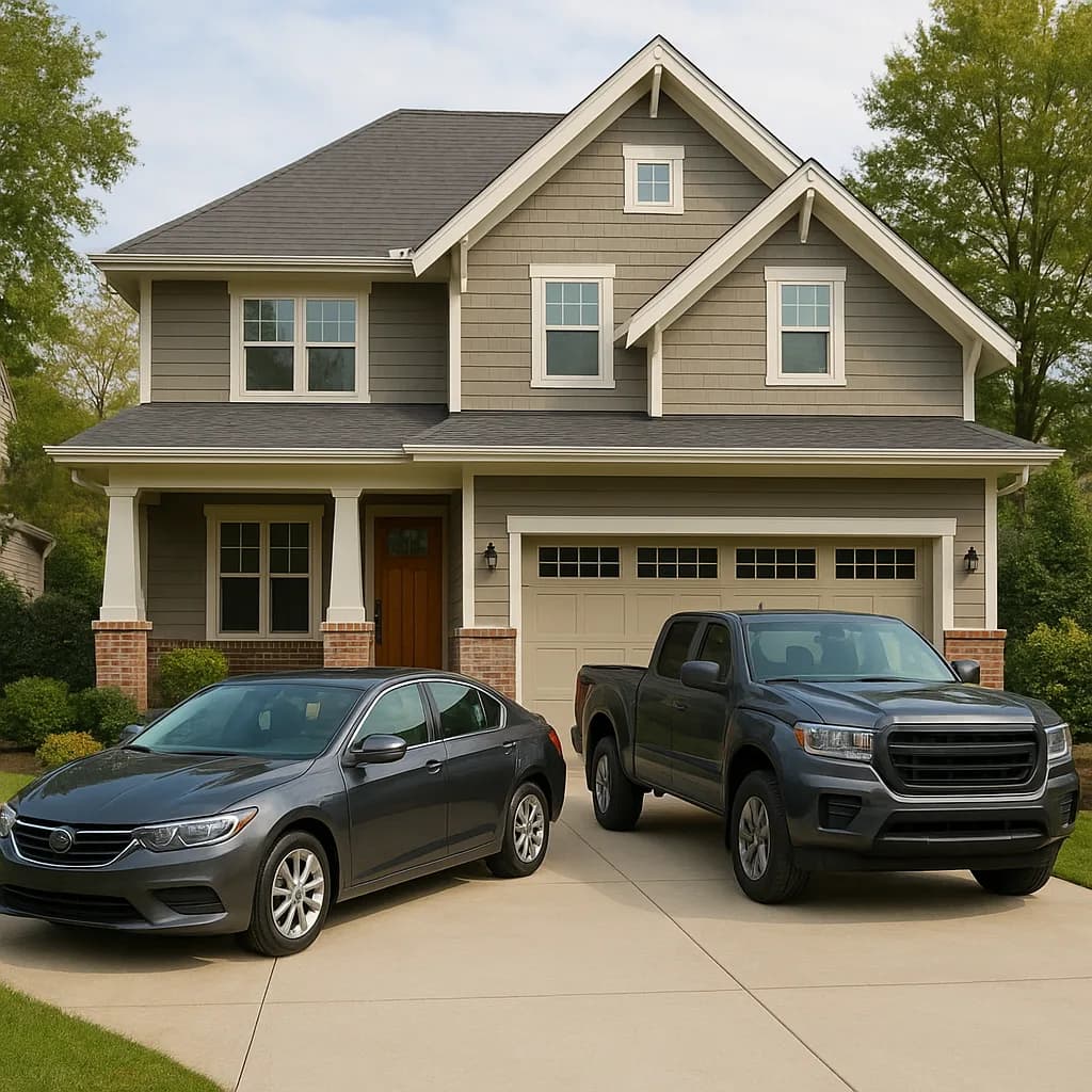 Gray two-story Craftsman house with two cars parked in driveway