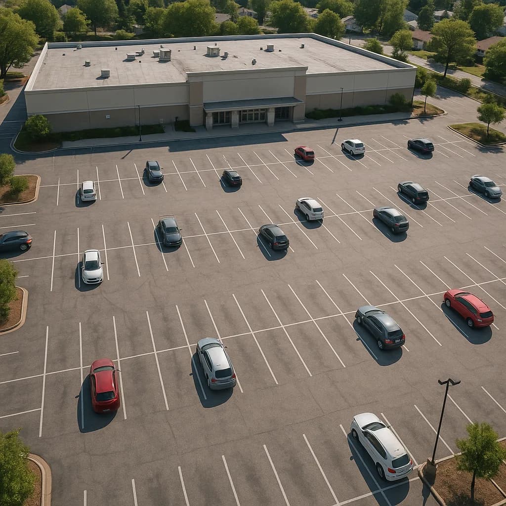 Aerial view of commercial building parking lot with scattered cars and surrounding residential area